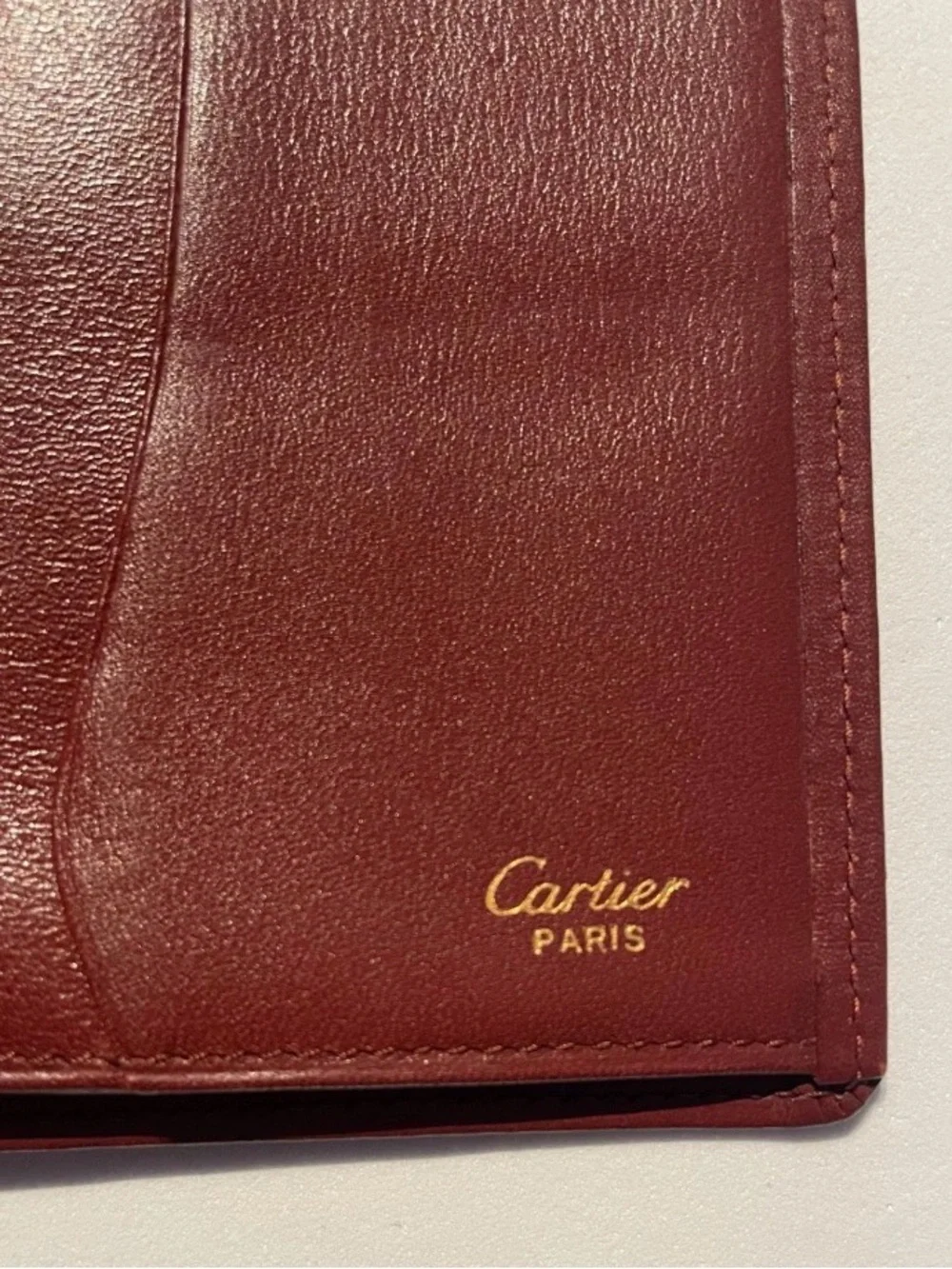 Vintage Cartier Men's Burgundy Leather Money Clip Wallet with Gold Corners
